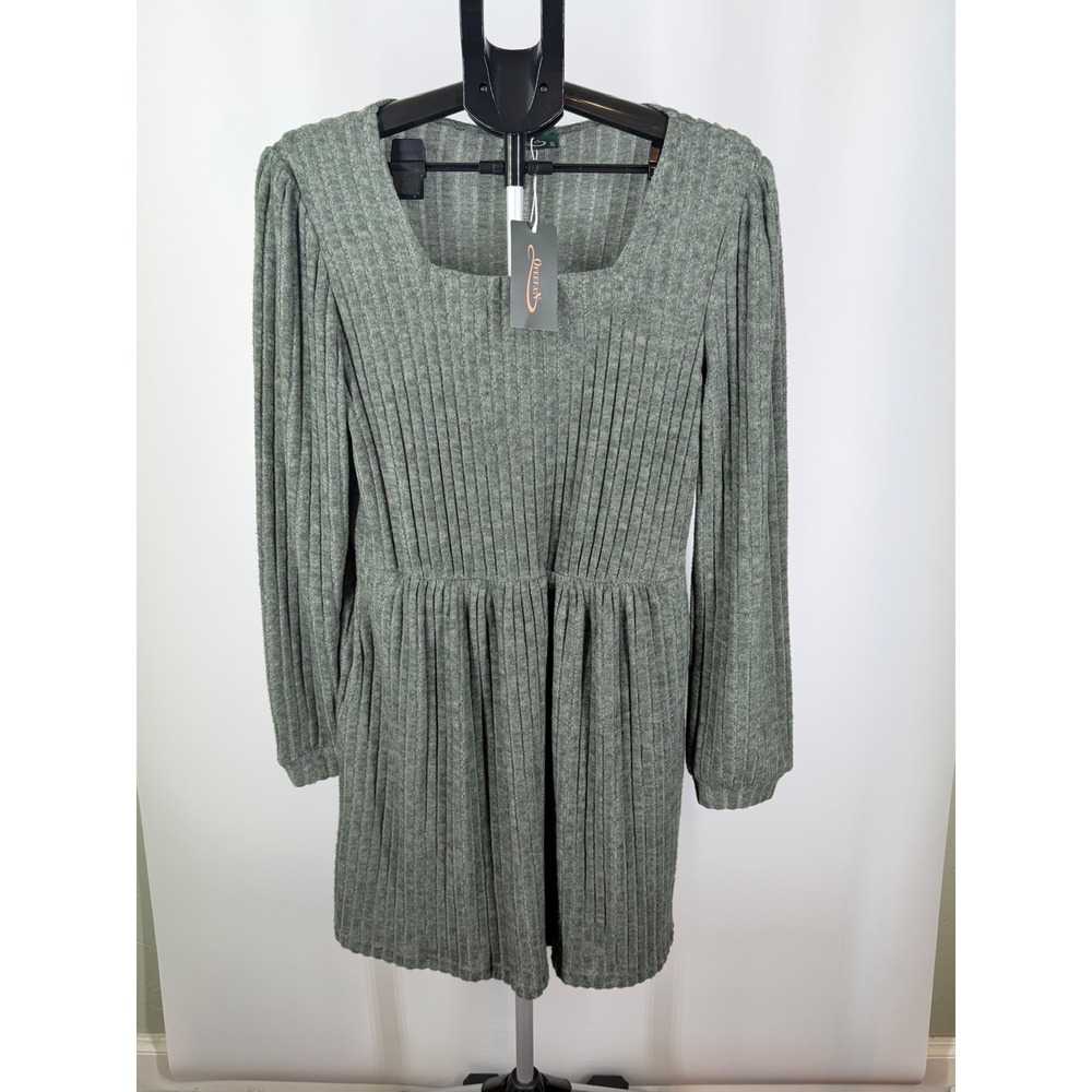 Ofeefan Womens XL Sage Green Ribbed Knit Square Neck Empire Waist Mini Dress NEW